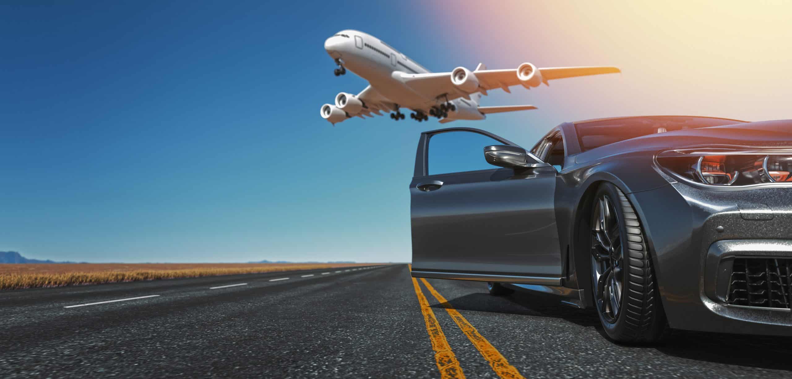 Homepage 3 Side view of a luxury sports car and a runway with an airplane behind it, background, sky. 3d rendering and illustration.