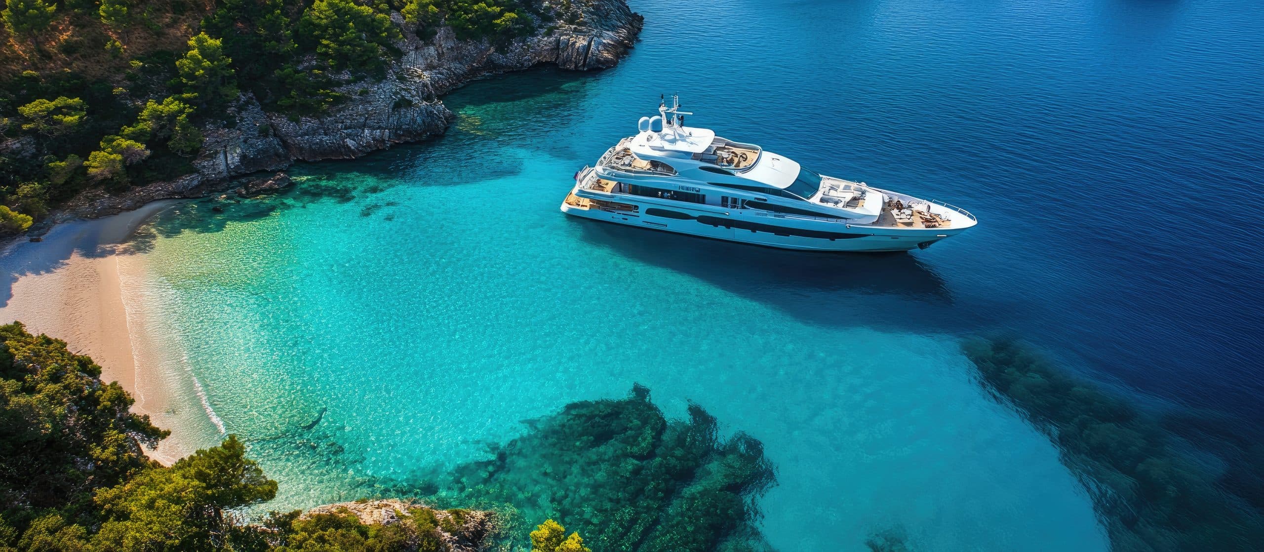 Home 2 A luxury yacht anchored in a secluded bay, with clear blue waters all around. . --ar 16:7 --v 6.1 Job ID: 50952c38-7cab-4180-ad16-dd16727570e2